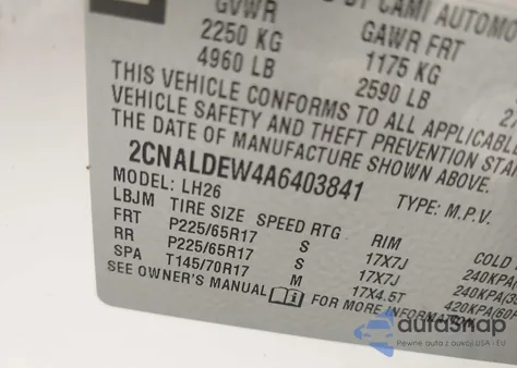 2010 Chevrolet Equinox Lt z USA, uszkodzony, nr VIN 2CNALDEW4A6403841